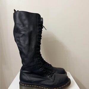 Knee High Dr. Martens Black Lace-Up Boots with Yellow Stitching